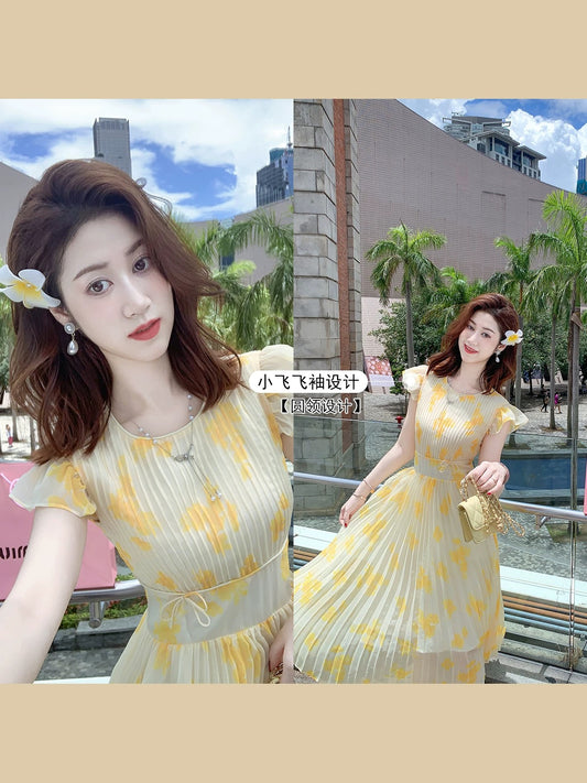 Fish rabbit rabbit French yellow chiffon dress female summer 2024 new temperament slim pleated skirt