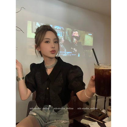 MLS high-end French unique chic small top women's summer fashion temperament small shirt bow short-sleeved shirt