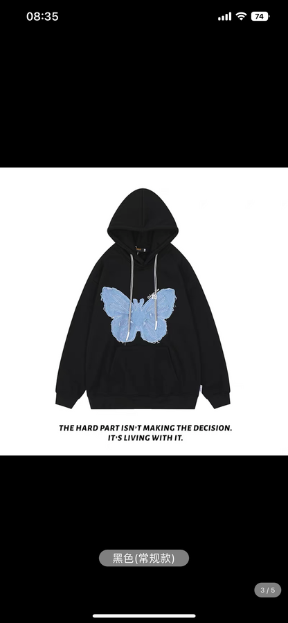ENJOG American retro denim patch butterfly hooded sweatshirt women's trendy brand street spring and autumn new versatile top