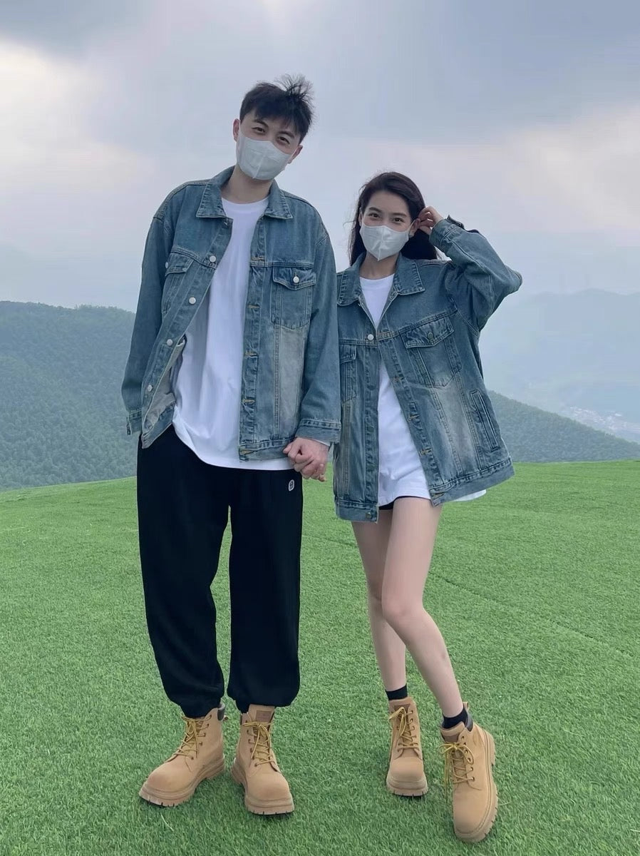 Korean version of retro denim jacket men's autumn trendy brand loose lapel American style high street couple jacket casual tops