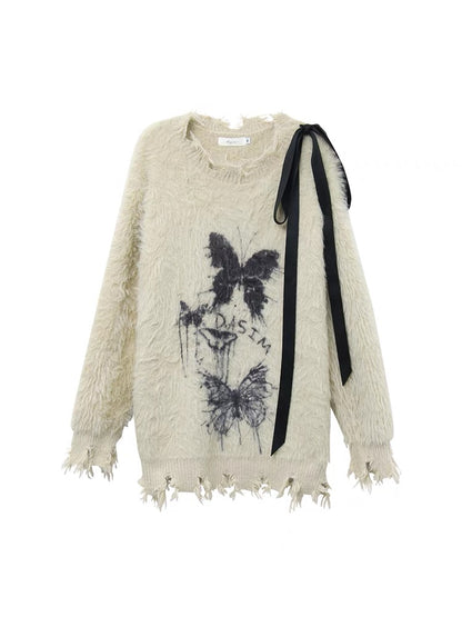 Big sim small sim soft and lazy style bow sweater women's autumn and winter loose pullover lace-up sweater jacket V1161