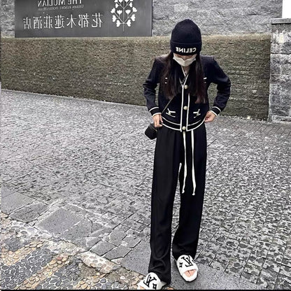 Early spring 2023 new high-end Hong Kong style retro chic Korean style knitted wide-leg pants two-piece suit for women in autumn and winter