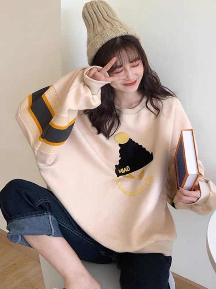 Apricot Smiley Sweatshirt New 2023 Popular Autumn and Winter Thin Jacket Loose Korean Style Hoodless Top Trendy