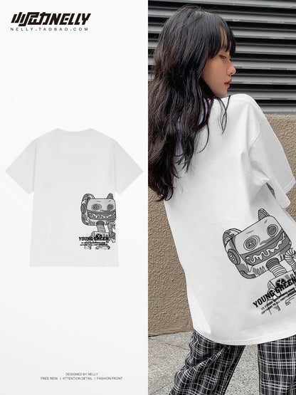 Fun cartoon anime robot pure cotton t-shirt men's and women's short-sleeved spring design loose half-sleeved versatile top