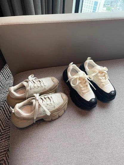 Sports casual shoes women's 2023 new fashion lace-up mesh breathable comfortable genuine leather thick-soled women's old shoes