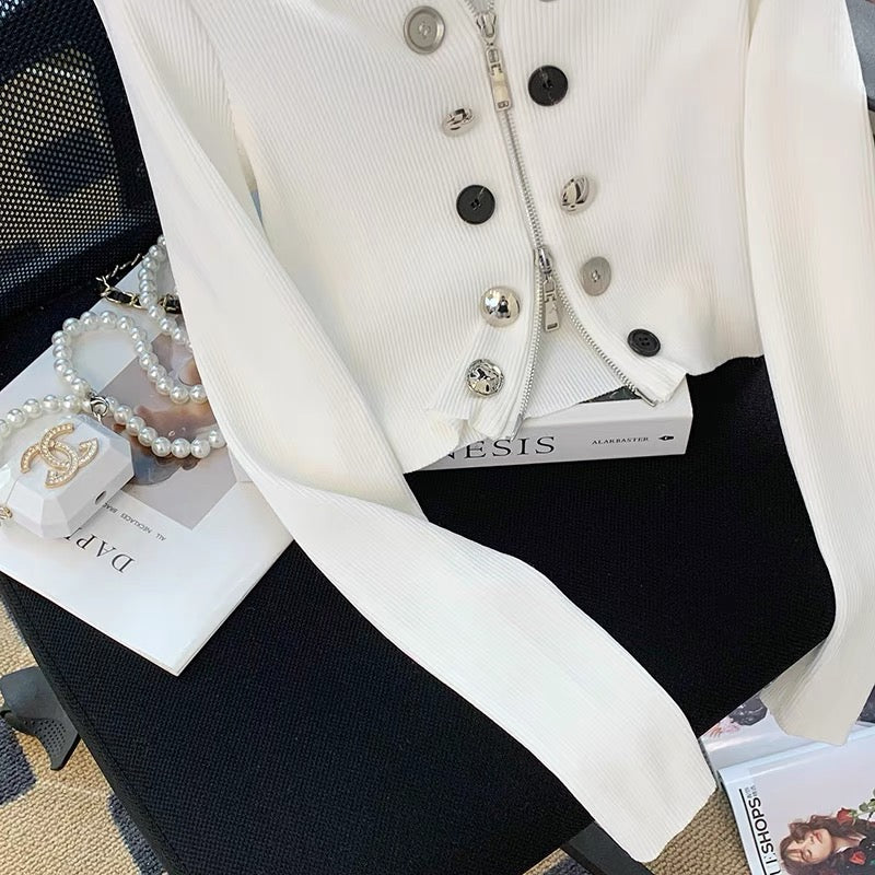 2023 Autumn Small Fragrance Style Double-breasted Decorated Knitted Cardigan Short Style Fashionable and Versatile Design Zipper Top for Women V1138