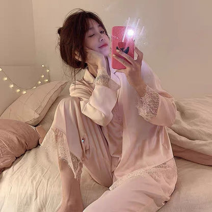 Pajamas for women spring and autumn new ice silk retro princess style long-sleeved summer thin style Internet celebrity sweet home wear two-piece suit