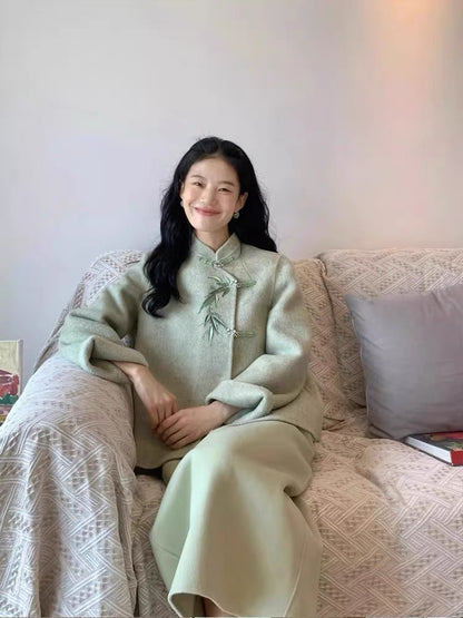 New Chinese-style buttoned jacket, top and skirt two-piece suit, autumn and winter retro national style outfit, complete set of high-end feel