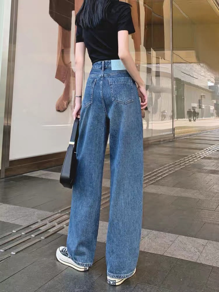 Super high-waisted wide-leg jeans for women straight-leg loose 2023 autumn new dad pants European style splicing boyfriend trendy (P135)