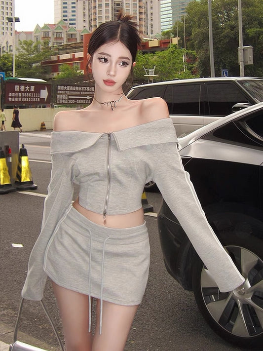 MOXI gray American sports casual one-shoulder college bag hip hot girl skirt drawstring embroidery suit