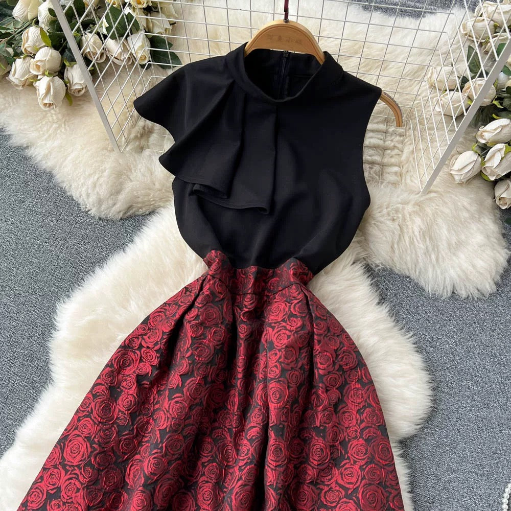 New spring design ruffle sleeveless stitching high waist three-dimensional flower embroidery temperament small fresh dress