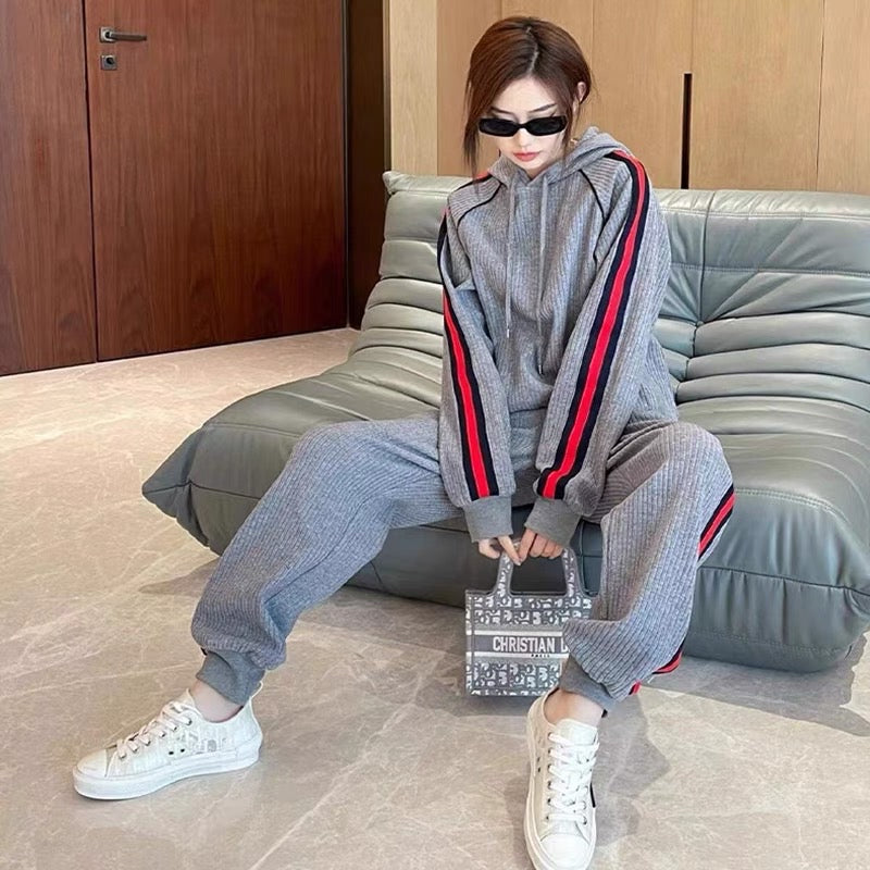 Gray casual sports striped suit for women spring 2023 new fashionable style hooded sweatshirt and sweatpants two-piece set