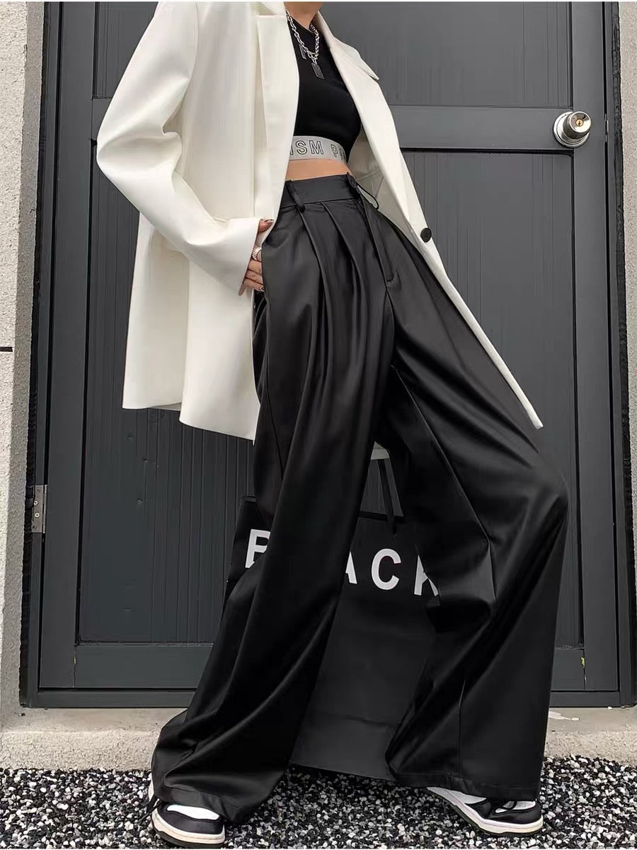 PAPERLLL Xinjian autumn and winter new soft high-waisted silhouette leather pants wide-leg pants for women European and American straight trousers (B4417)
