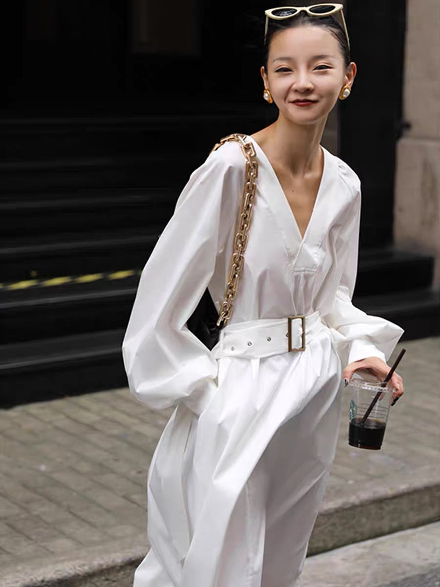 2023 spring and summer new style solid color work style dress with salt design, high-cool style, waist-slimming, slimming and temperament long skirt