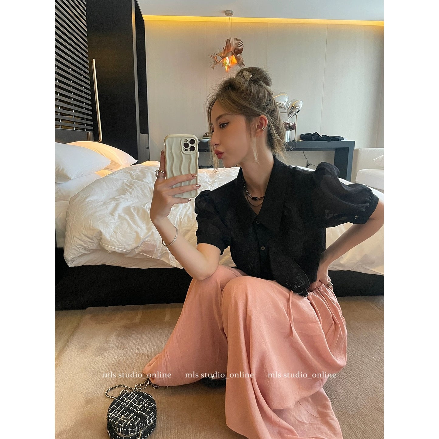 MLS high-end French unique chic small top women's summer fashion temperament small shirt bow short-sleeved shirt
