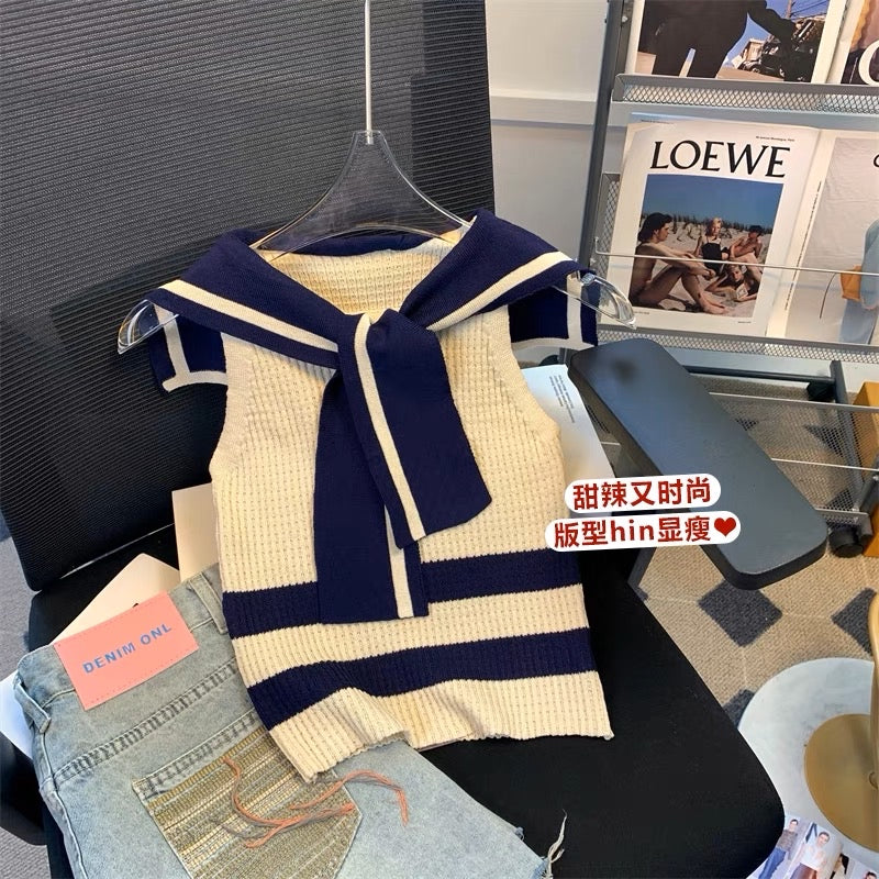 French Navy Collar Knitted Vest Women 2023 Summer Slim Slim Sleeveless T-shirt Small Fragrance Apricot Color Digging Shoulder Top