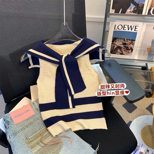 French Navy Collar Knitted Vest Women 2023 Summer Slim Slim Sleeveless T-shirt Small Fragrance Apricot Color Digging Shoulder Top