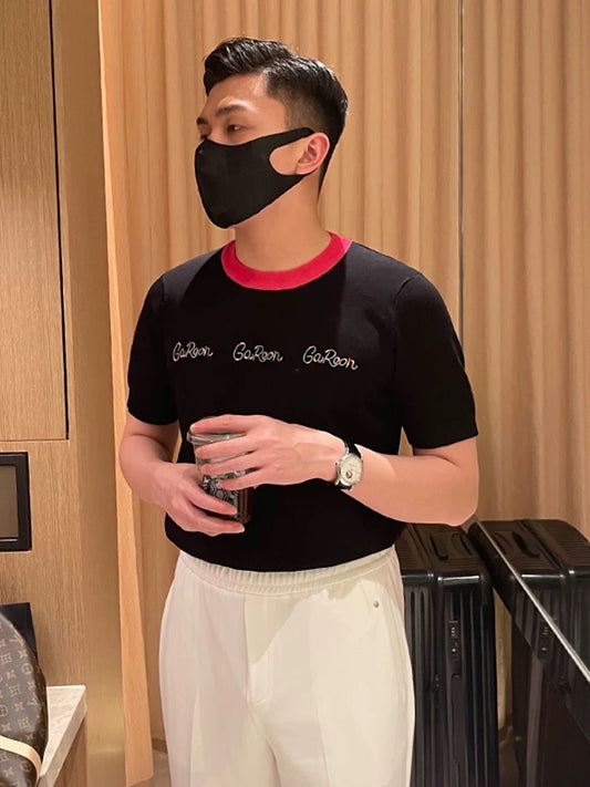 Fashionable colorful letter embroidery casual white T-shirt for men Contrast color collar soft skin-friendly knitted short sleeves for men summer