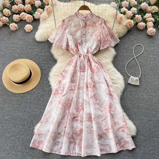 2022 new spring cotton printed pattern lined fashionable large skirt temperament feminine long dress