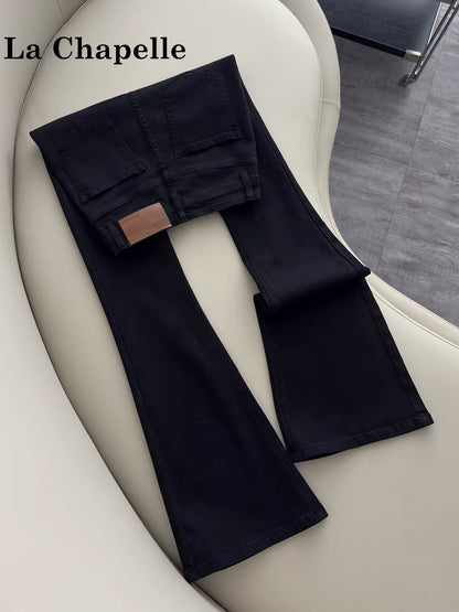 La Chapelle Women's Black Washed High-Waisted Stretch Flared Jeans (Floor-Length/Bootcut Style) – 2026 Spring/Autumn New Arrival
