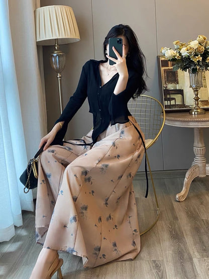 Two-piece suit women's autumn clothes new western style fashionable French retro bottoming velvet dress temperament slim long skirt