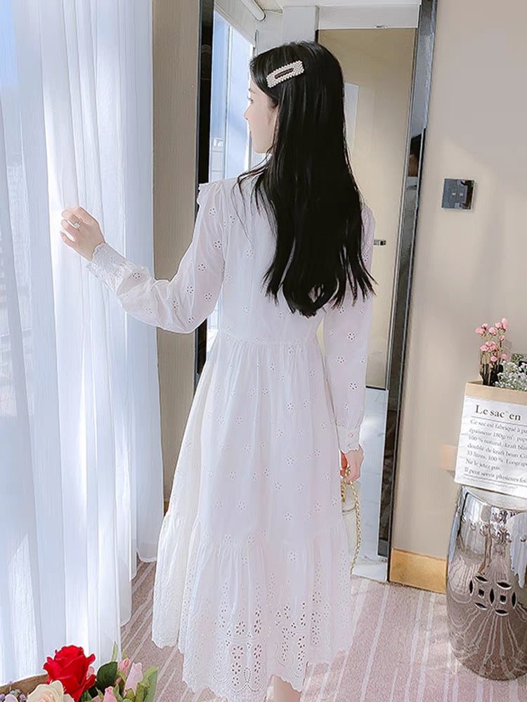 French white lace dress women's autumn clothing 2023 new niche design first love chic fairy dress (S3339)