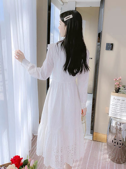 French white lace dress women's autumn clothing 2023 new niche design first love chic fairy dress (S3339)