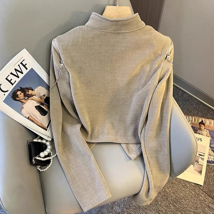 2023 Autumn New Design Double Zipper Stand Collar Corduroy Short Jacket Women's Long Sleeve Little Cardigan Top (B2219)
