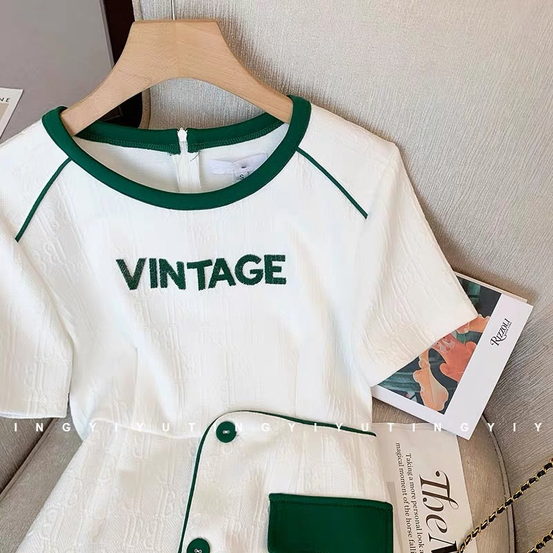 Chic and unique design, contrasting color casual dress, women's waist slimming, high-end, summer short skirt for small people
