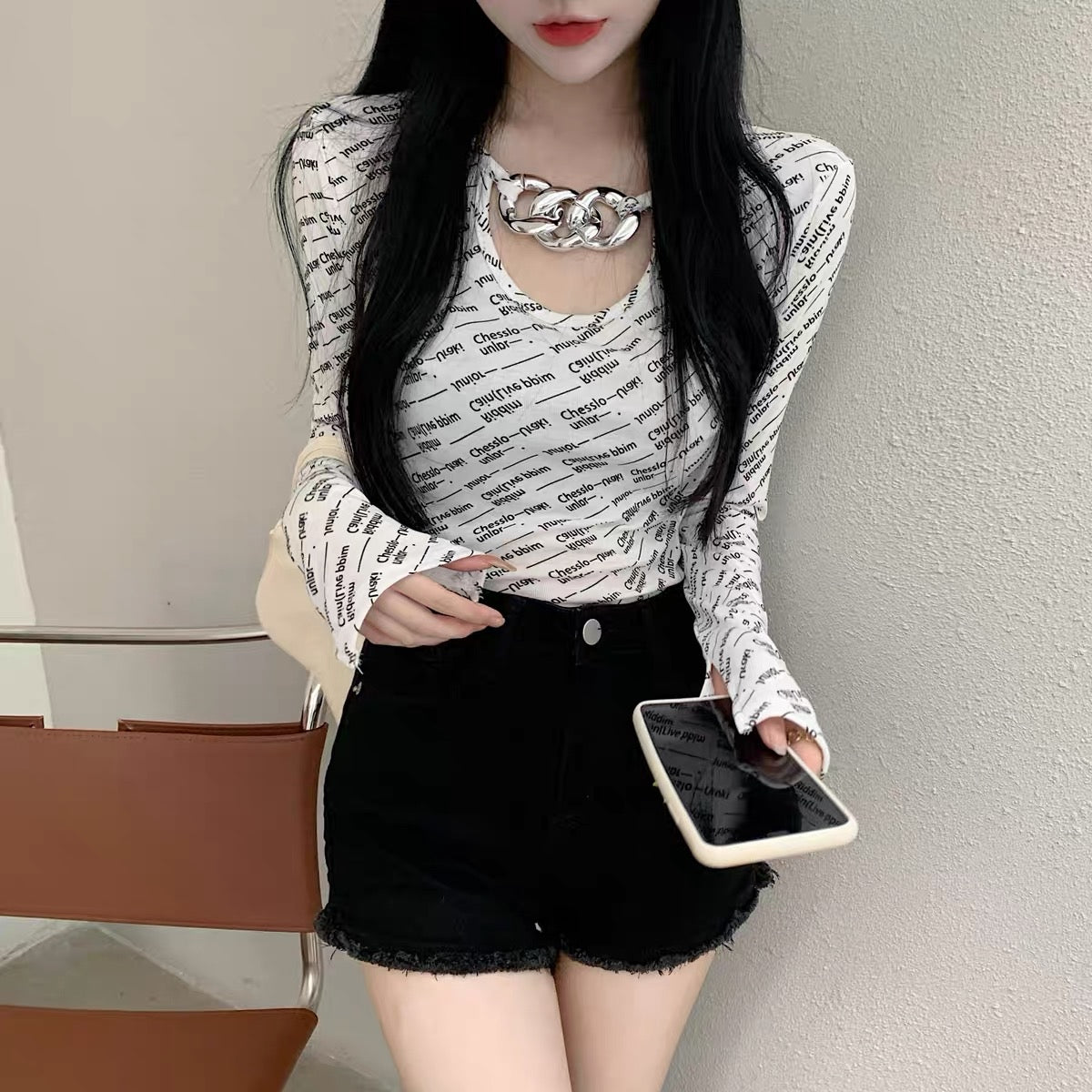 High waist short top women's bottoming shirt spring and autumn fashion chain personality sexy design sense niche letter long-sleeved T-shirt