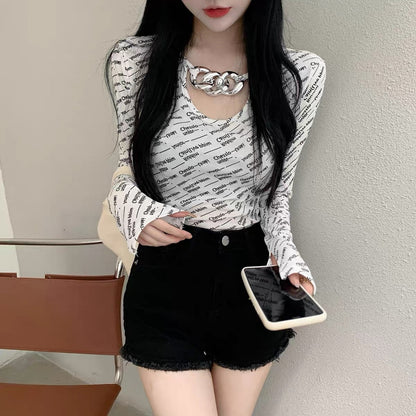 High waist short top women's bottoming shirt spring and autumn fashion chain personality sexy design sense niche letter long-sleeved T-shirt