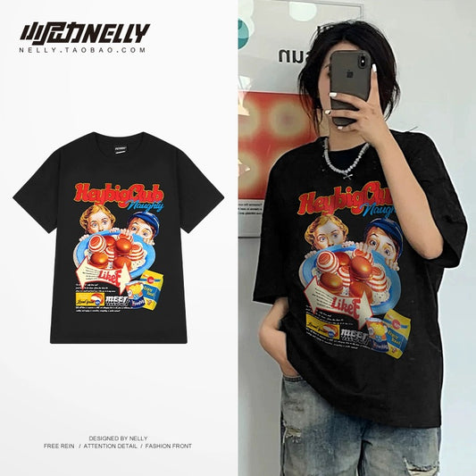 American retro cartoon red short-sleeved T-shirt for men and women, summer trendy brand vintage loose couple tops half-sleeved