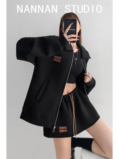 Unlimited repurchase! American loose air layer embroidery lapel sports sweatshirt women's drawstring high waist skirt suit