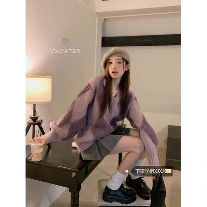 Lazy style design color block V-neck sweater for women autumn 2023 new loose diamond knitted sweater top A2242