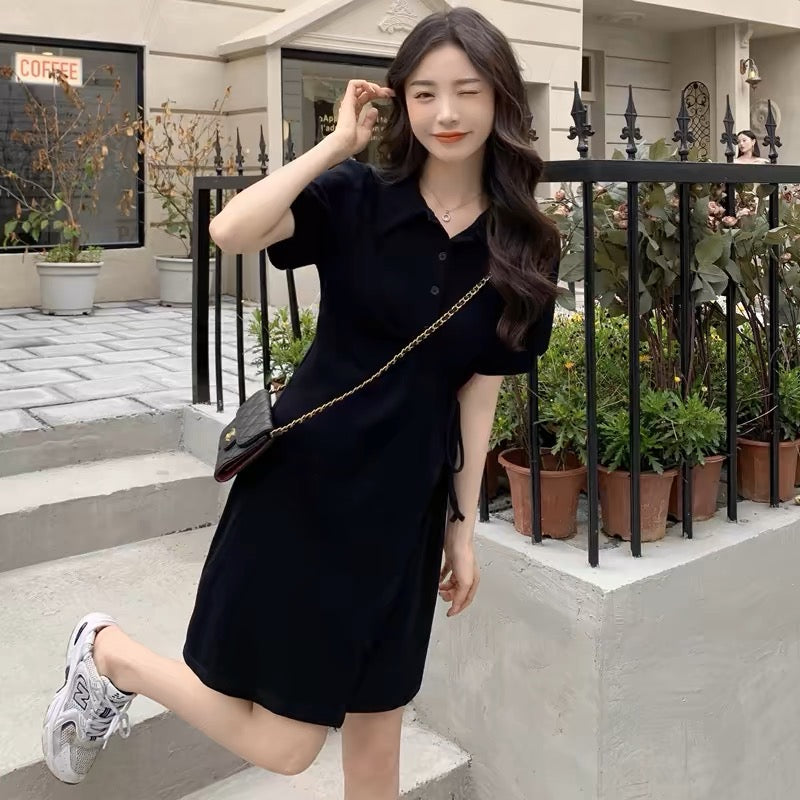Large size retro Hepburn style polo collar dress for women with summer fat mm waist straps and irregular small skirts D053