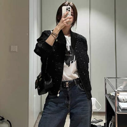 Korean chic autumn and winter French niche stand-up collar solid color pocket design loose long-sleeved tweed short coat for women