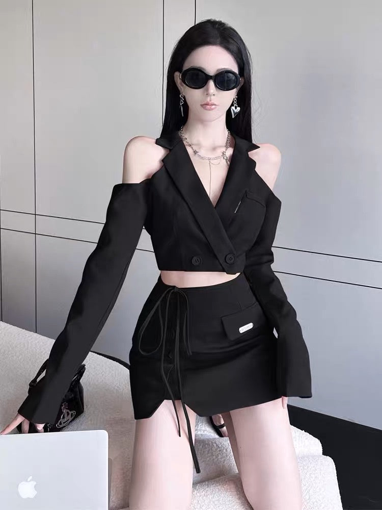 Pure desire sweet hot girl suit strapless suit short jacket female high-end sense two-piece skirt spring and autumn small man