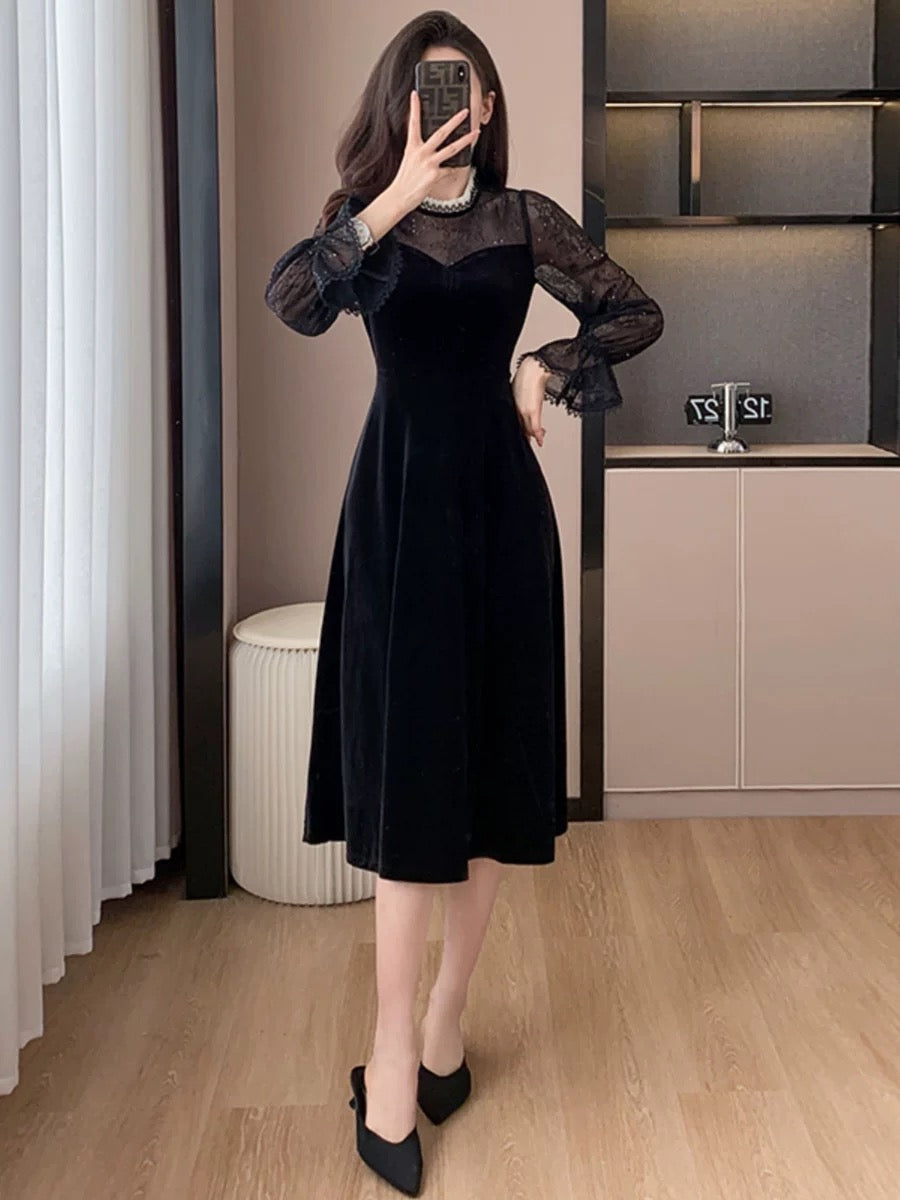 Gentle style lace mesh dress 2023 autumn new French retro mid-length waist slimming skirt