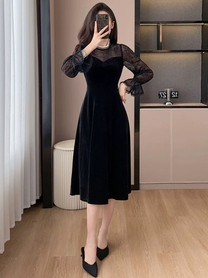 Gentle style lace mesh dress 2023 autumn new French retro mid-length waist slimming skirt