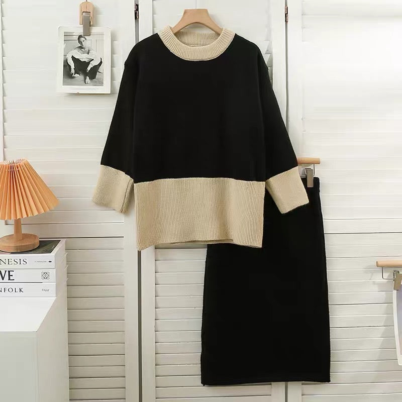 Suit for women in autumn and winter, lazy style, contrasting color splicing, round neck, long-sleeved loose sweater, elastic waist skirt, skirt