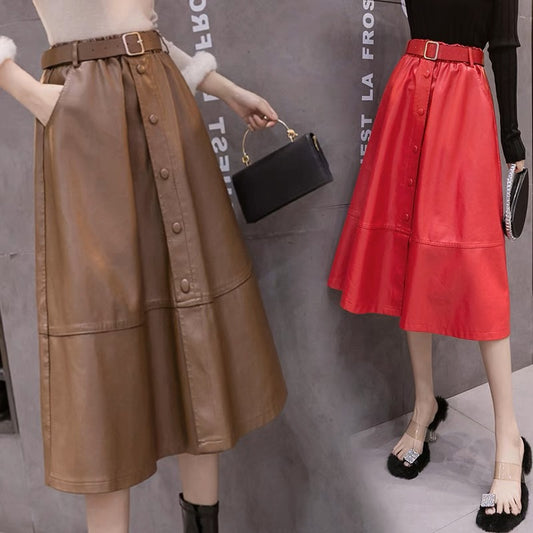 Red leather skirt 2023 new fashion large swing umbrella skirt autumn and winter skirt women's mid-length high-waisted a-line long skirt