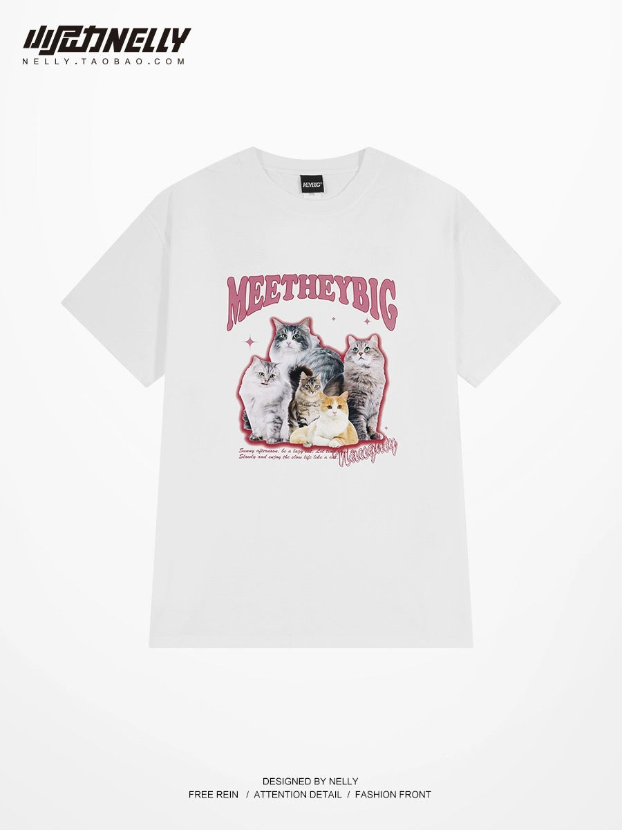 Trendy high street cat print American short-sleeved T-shirt for men and women spring and summer 2024 new loose half-sleeved cotton T-shirt