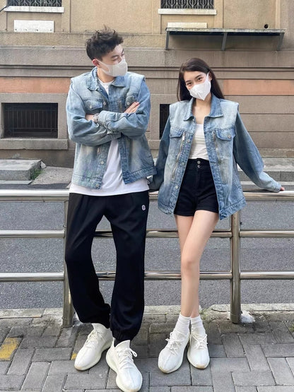 American retro oversize shoulder pad denim jacket men's autumn new high street loose couple jacket top tide