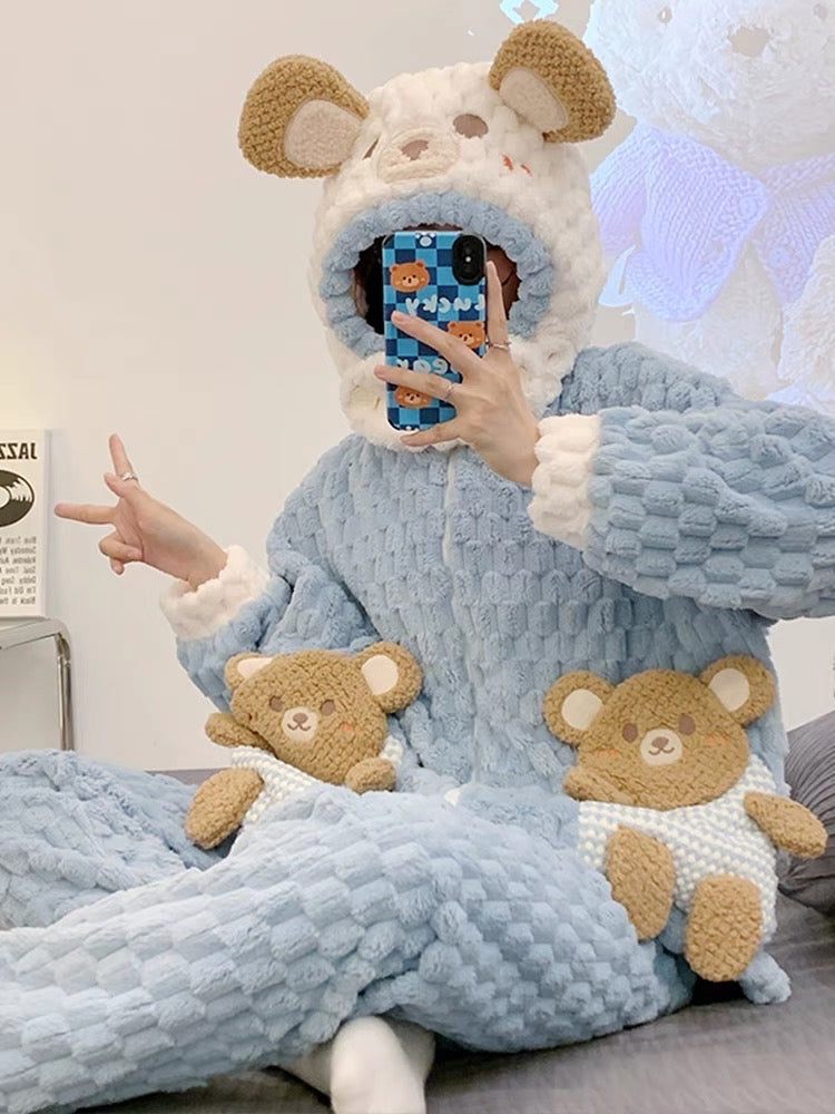 Coral velvet pajamas winter female cartoon bear Internet celebrity style autumn and winter style plus velvet thickened flannel with hood can be worn outside