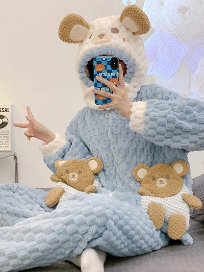 Coral velvet pajamas winter female cartoon bear Internet celebrity style autumn and winter style plus velvet thickened flannel with hood can be worn outside
