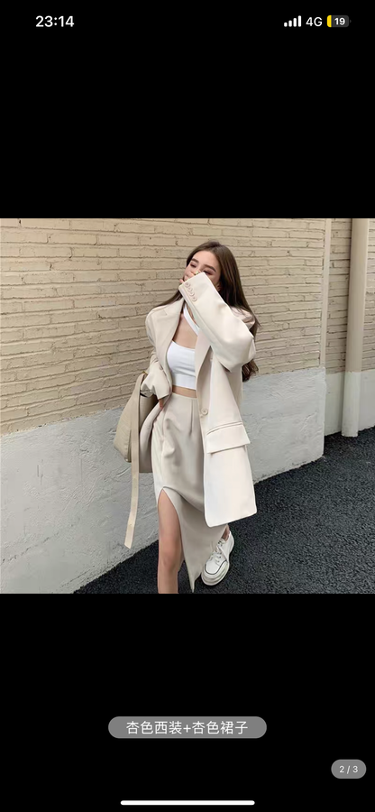 2023 early autumn new Hong Kong style retro chic Korean style loose suit jacket Yujie street suit skirt two-piece set