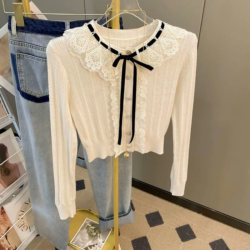 French long-sleeved sweater cardigan coat for women autumn new college style bow lace doll collar knitted top T9891