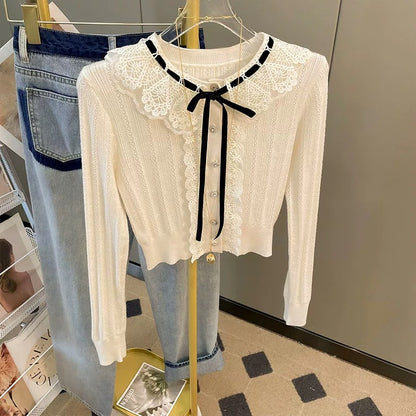 French long-sleeved sweater cardigan coat for women autumn new college style bow lace doll collar knitted top T9891