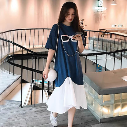 Loose dress for women summer 2023 new Korean style short-sleeved casual skirt chiffon splicing mid-length T-shirt skirt