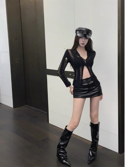 Sexy American Slim Short Chic Tops Hollow Sunscreen Thin Cardigan Design Sense of Niche Long Sleeve Women Autumn and Winter